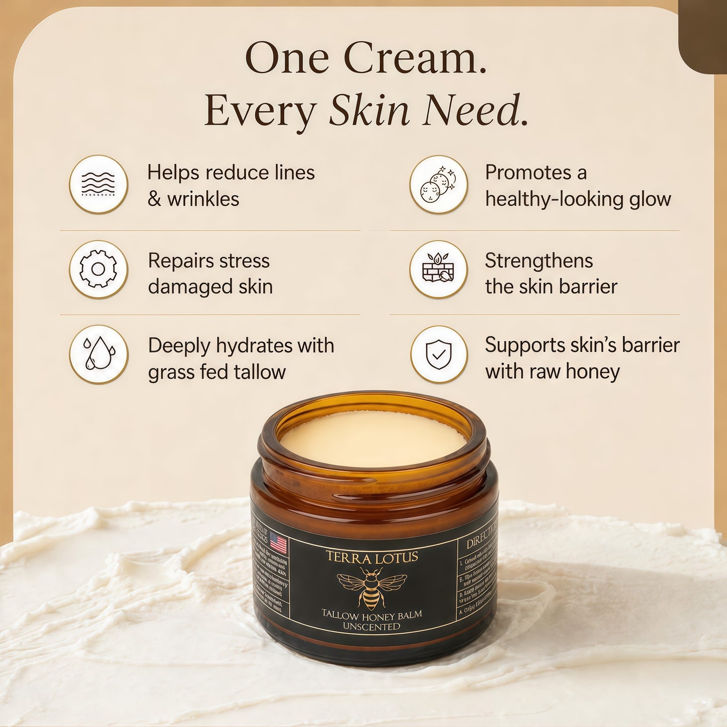 Terra Lotus - Organic Grass-Fed Beef Tallow Balm with Raw Honey - Moisturizing Cream for Soft, Smooth Skin - Handmade All-Natural Moisturizer (4 Oz, Lavender) Visit the Terra Lotus Store